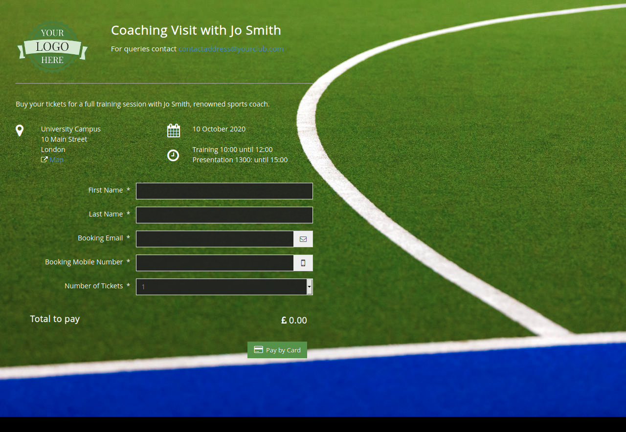 Screenshot of Sports Club Coaching Visit Tickets page